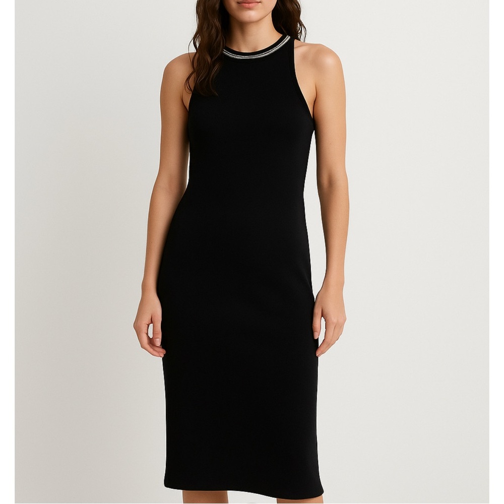 Zara Knit Ribbed Black Dress Beaded Silver Neckline Sz M